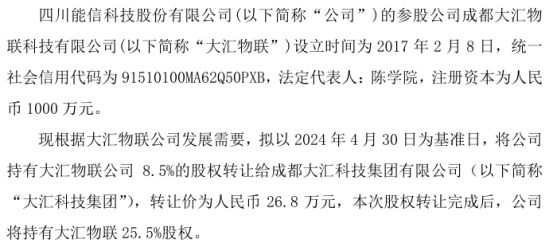 米乐M6能信科技以268万将持有大汇物联公司85%的股权让渡给大汇科技集团(图1)