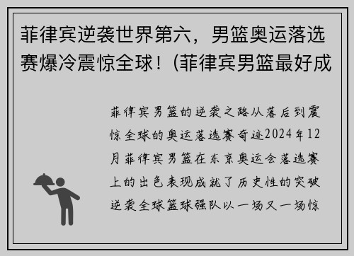 菲律宾逆袭世界第六，男篮奥运落选赛爆冷震惊全球！(菲律宾男篮最好成绩)