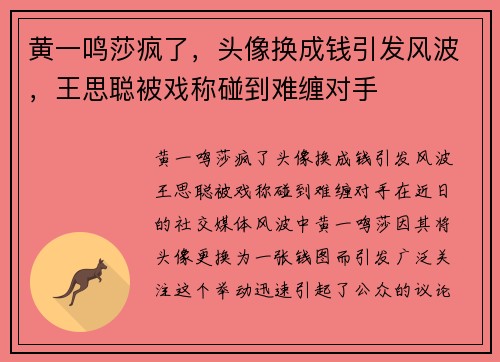 黄一鸣莎疯了，头像换成钱引发风波，王思聪被戏称碰到难缠对手